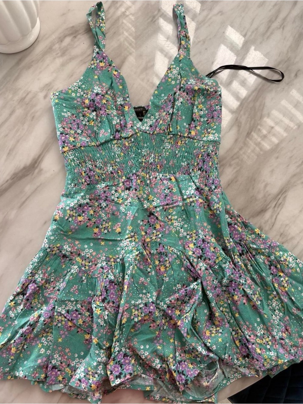 Forever 21 Green Floral Smocked Waist Romper